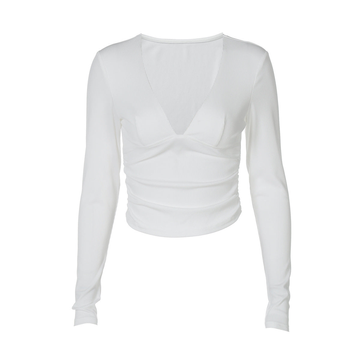 Long Sleeve V-neck T-shirt Slim-fit Color Sunken Stripe Top