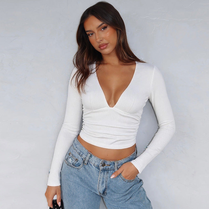 Long Sleeve V-neck T-shirt Slim-fit Color Sunken Stripe Top